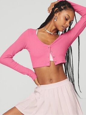 ALO Yoga Ribbed Cropped Button-Front Top in Hot Pink